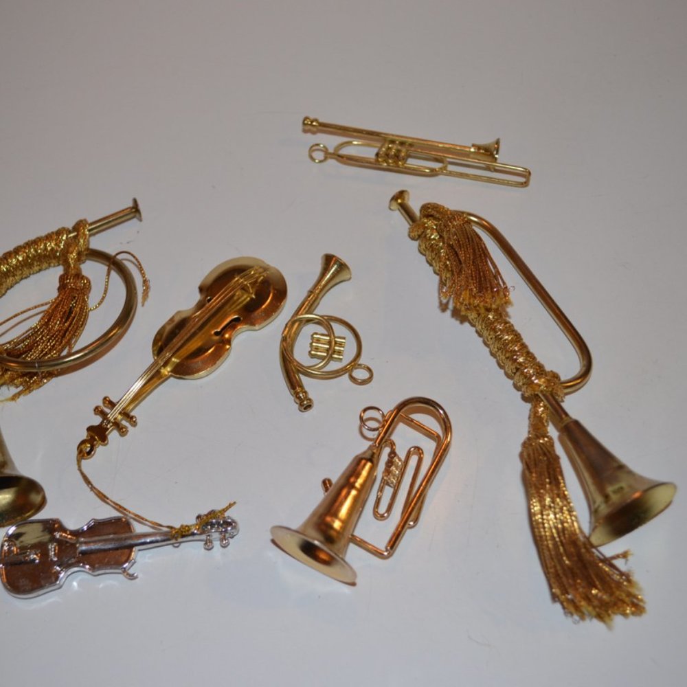 Holiday Ornaments Set of 7 Mini Musical Instruments Wind & String Golden Metal
